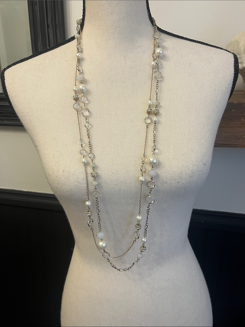 Ann Taylor Long Layered Pearl and Crystal Necklace - White and Gold